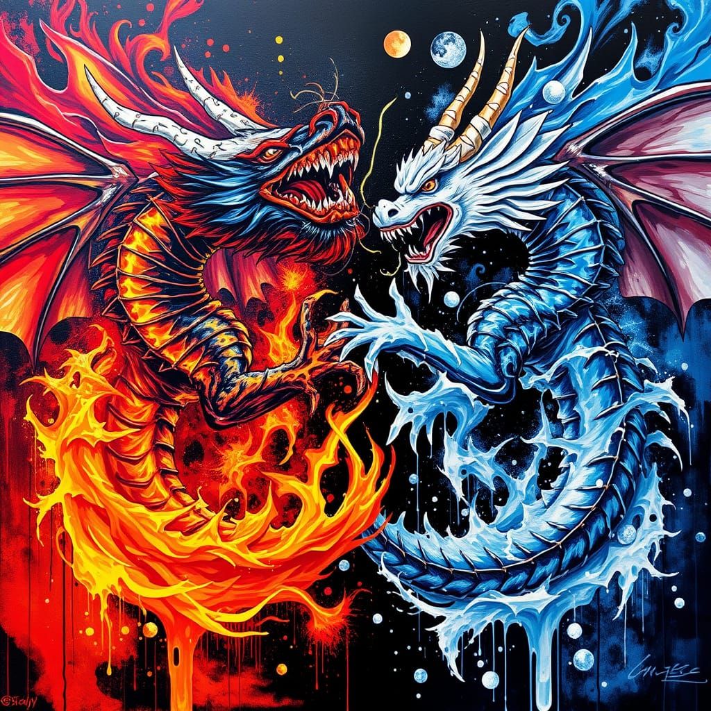 Vibrant Dragons of Fire and Ice Unite within Yin-Yang Symbol