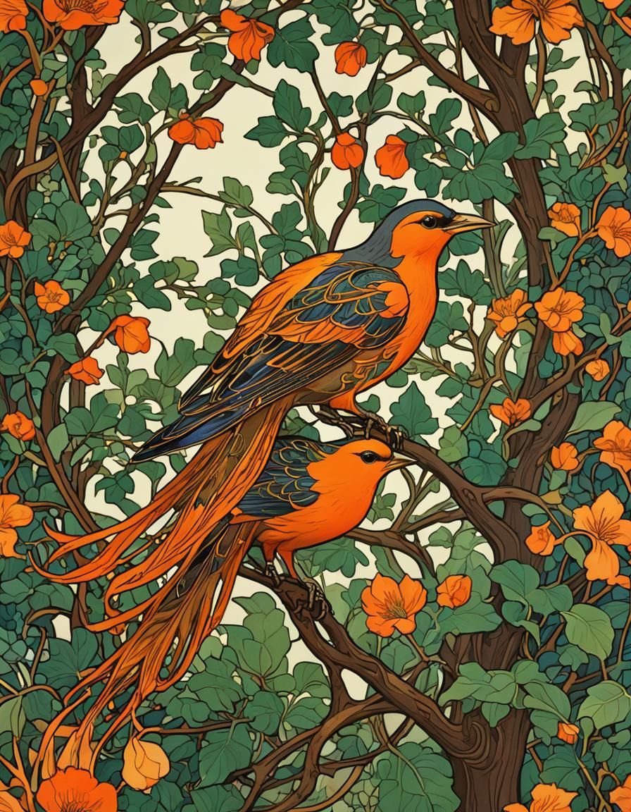 Flaming Bird in Art Nouveau Style