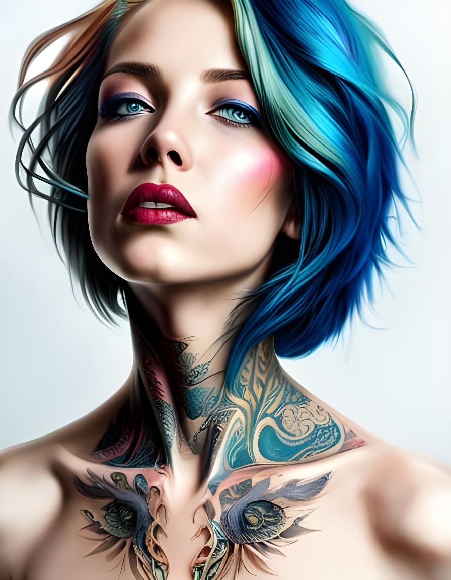 Tattooed Woman with Blue Hair in Hyperrealistic Style