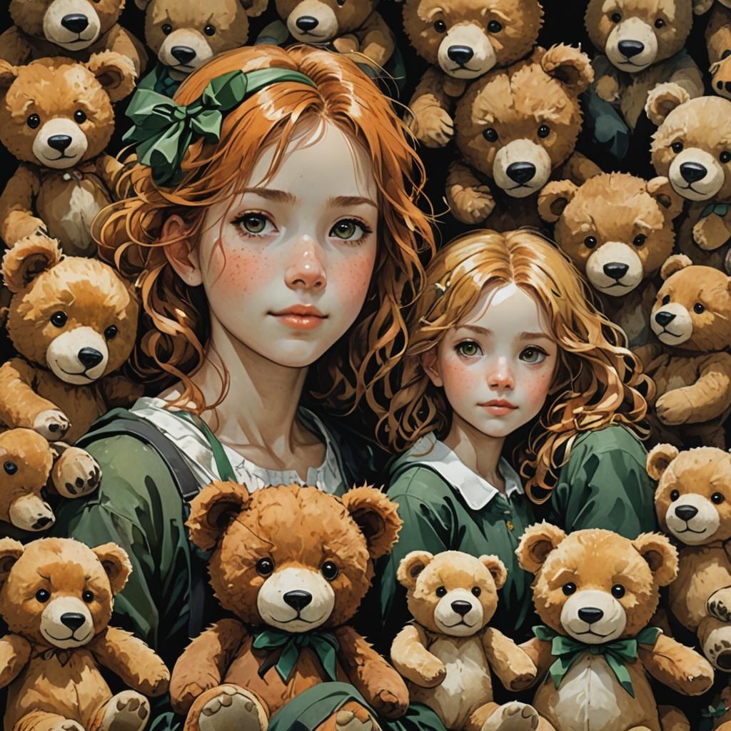 Girl with Teddy Bears, Watercolor Concept Art