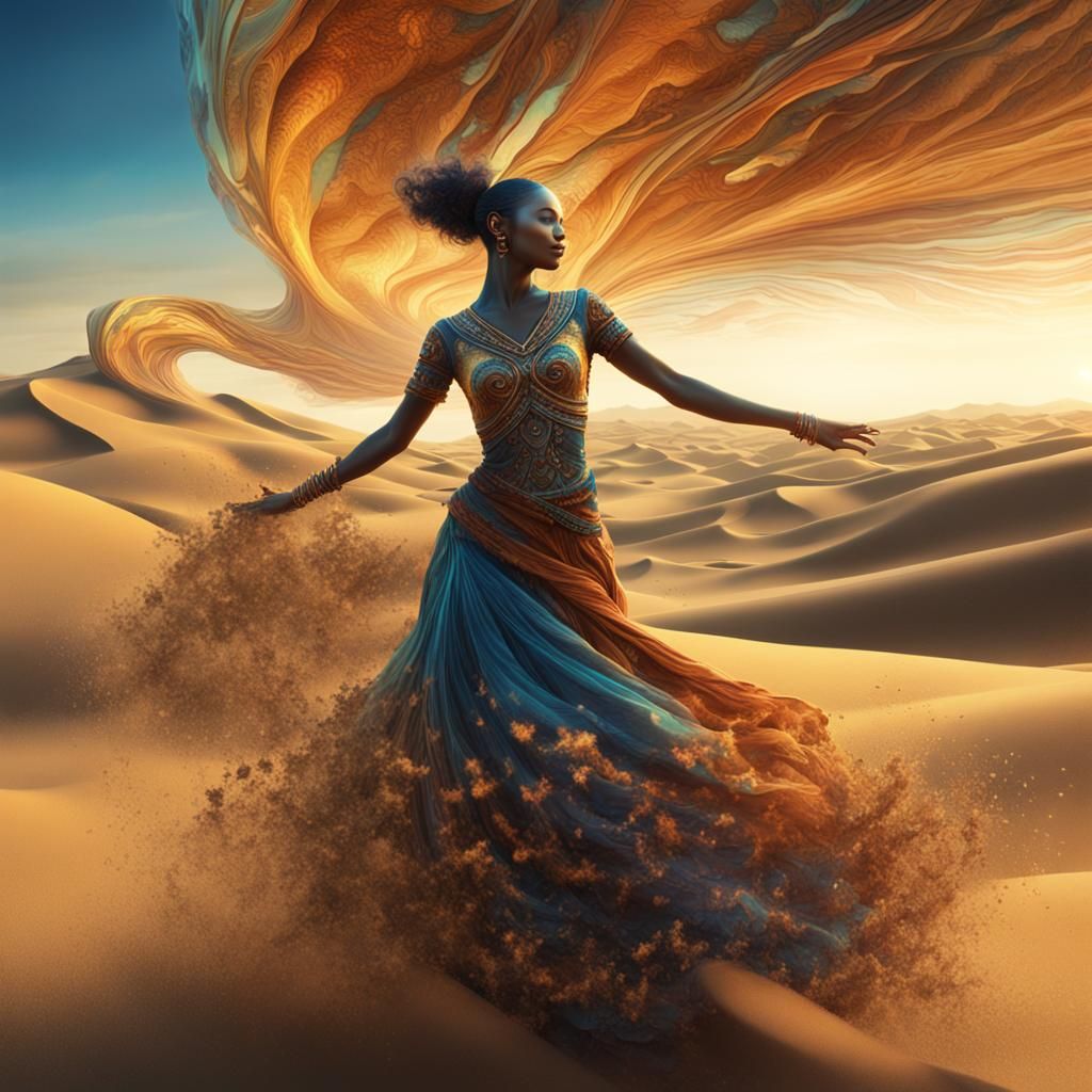 Dancing Woman in Fractal Sand Dunes, Digital Art