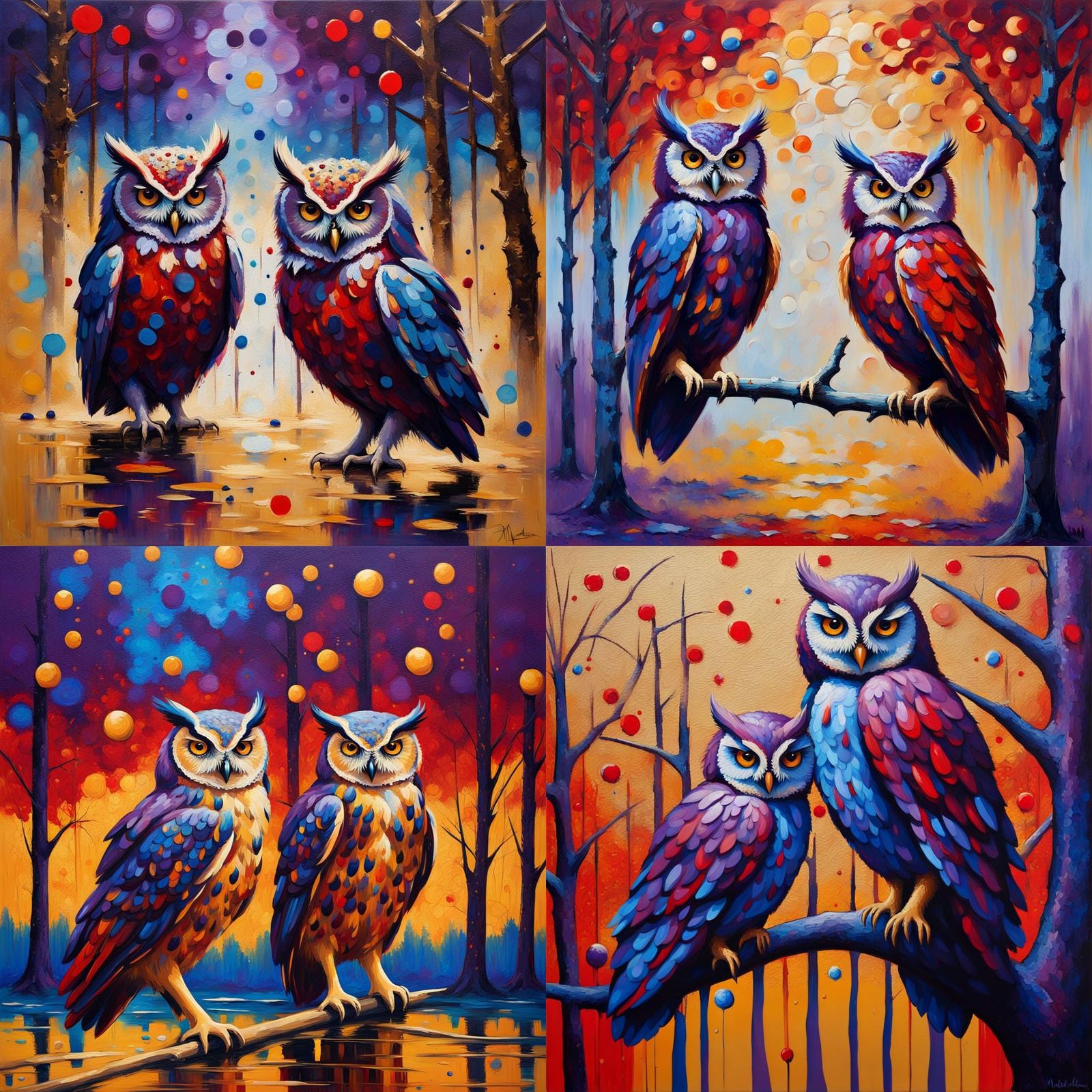 Radiant Owls in Abstract Impressionist Style