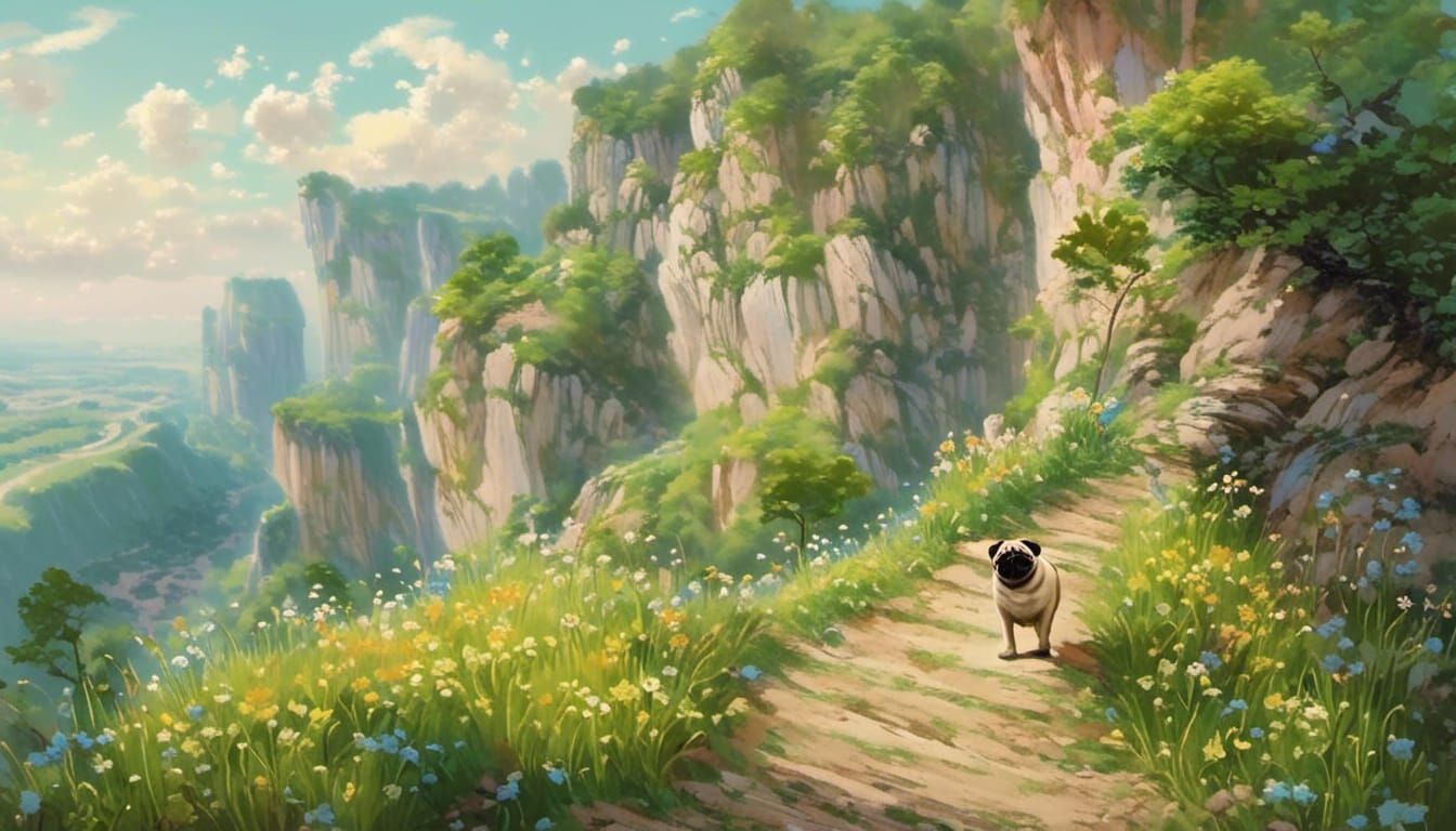 Pug on Meadow Path Near High Cliffs
