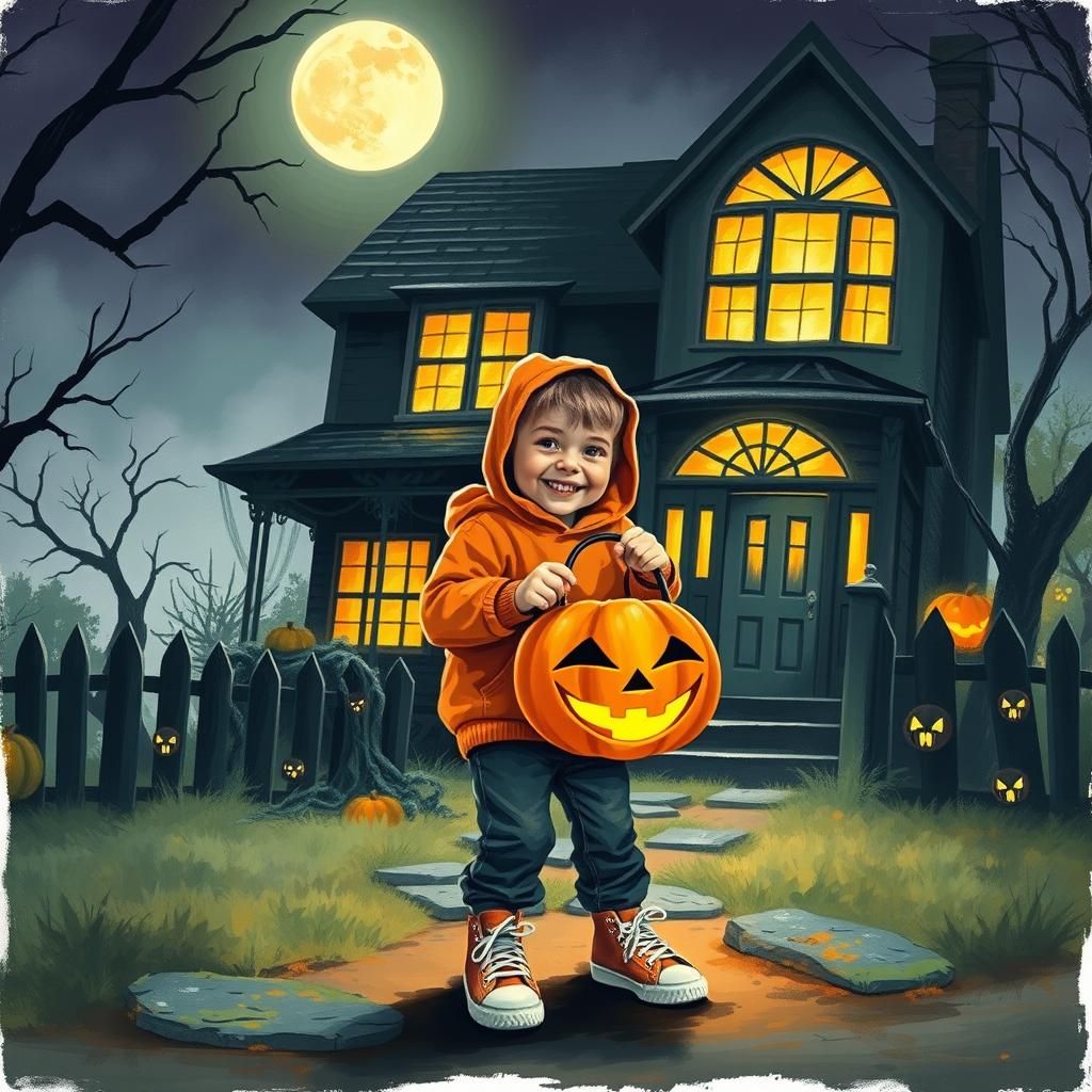 Festive Trick-or-Treater in Spooky Halloween Illustration