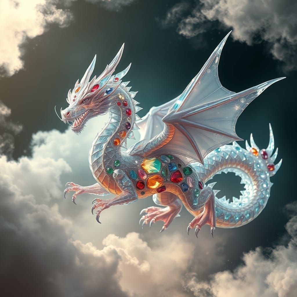 Ethereal Crystal Dragon with Vibrant Gemstones in a Vortex