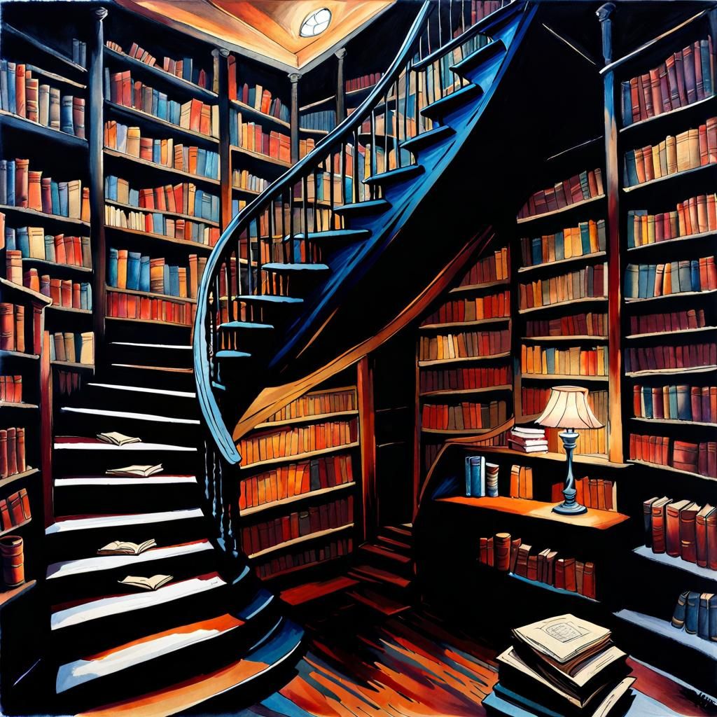 Dark Winding Bookcase Staircase in Neo-Impressionistic Style