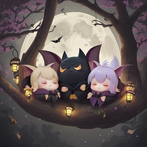 Chibi Bats Sleeping Peacefully Under Moonlight