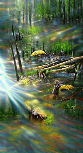 Sunlit Forest Swamp: Hyperrealistic Digital Illustration