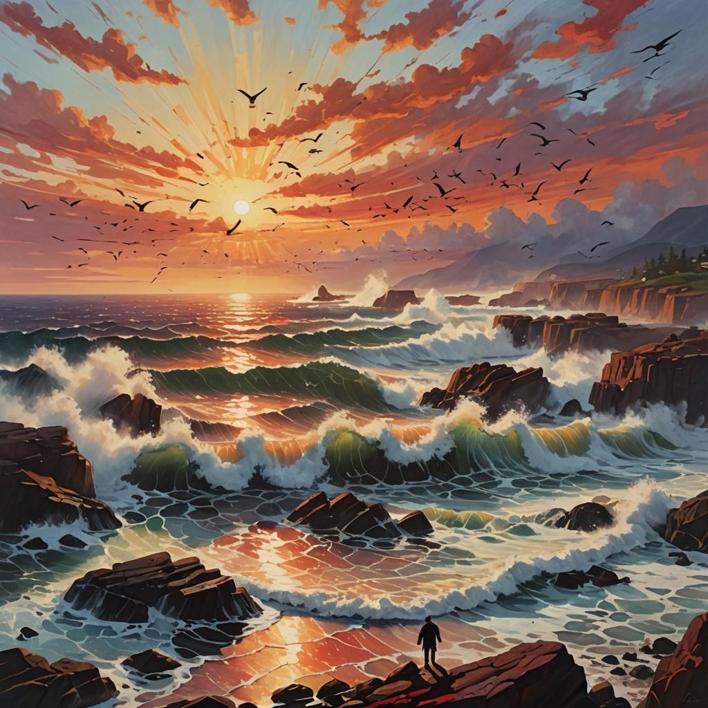 Fiery Sunset Over Rocky Shoreline in Comic Book Style