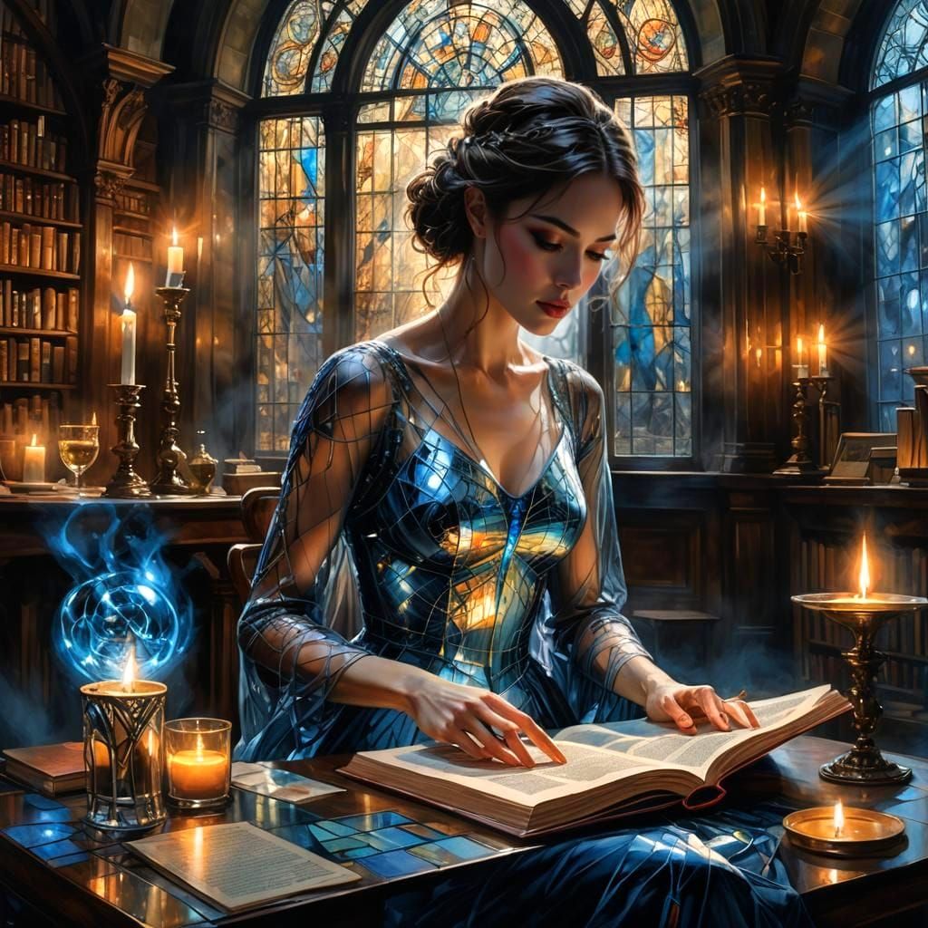 Holographic Woman Reads in Magic Library