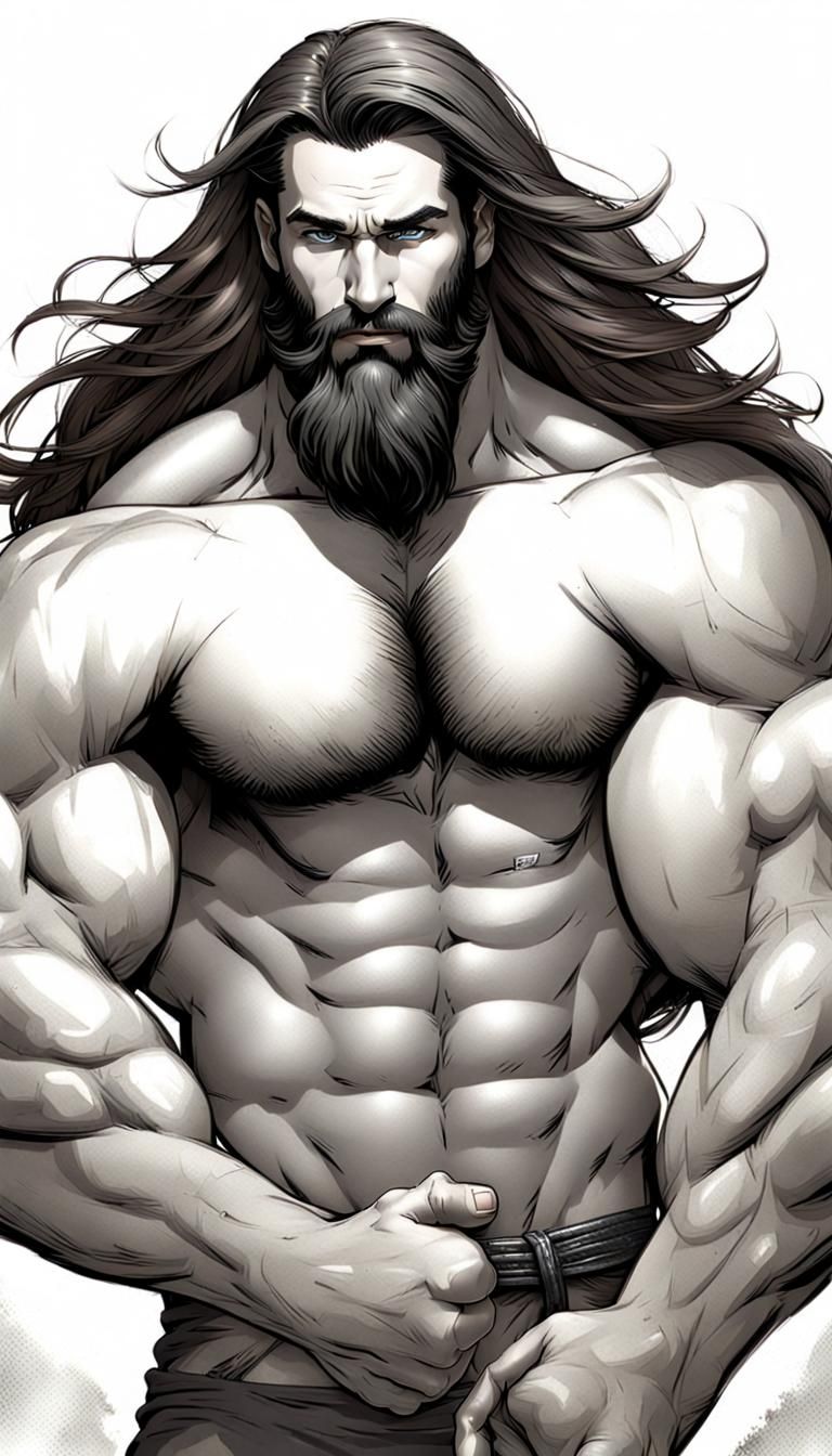 Realistic Muscular Superhero with Long Hair and Beard