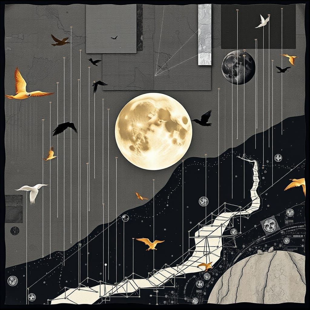 The Moon Falls: A Mixed Media Art Collage