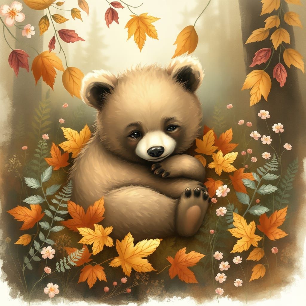 woodland animal baby bear, Clean Oil ink Airbrush, Eartly Colors
