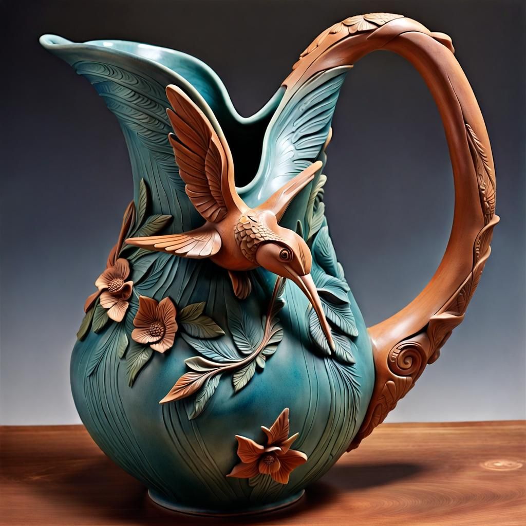 Hummingbird Clay Water Pitcher with Carved Details