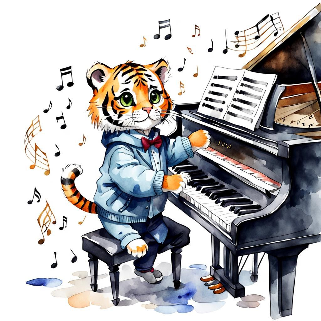 Cute Tiger Playing Piano in Watercolor Style