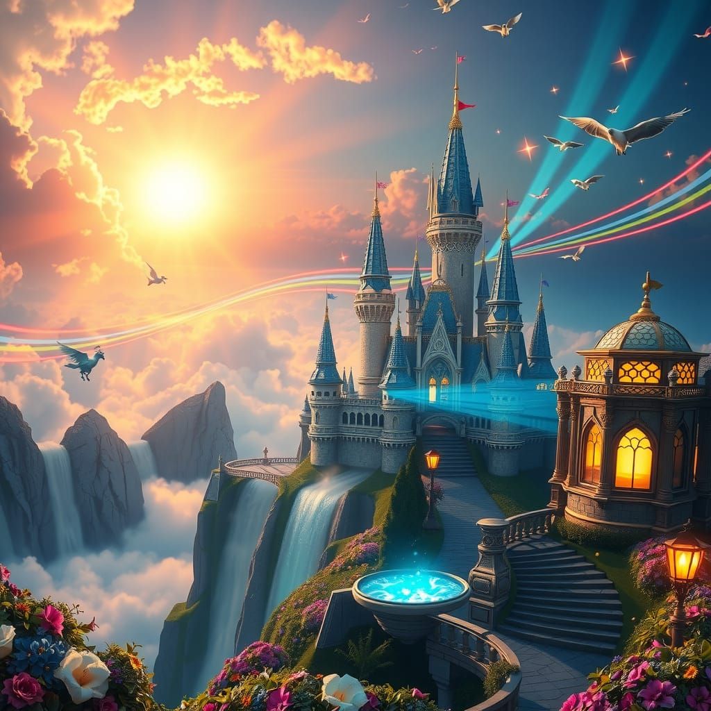 Fantastical Castle Sunrise with Magical Creatures