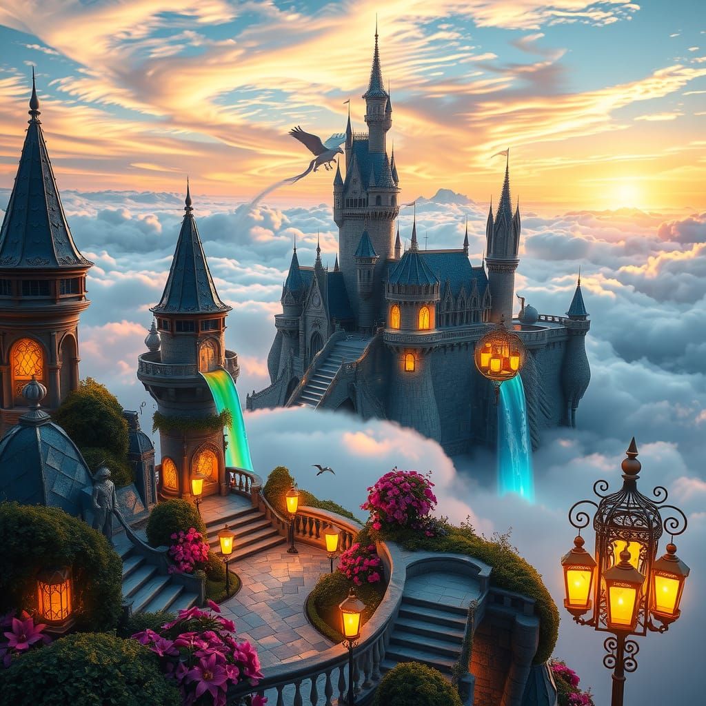 Magical Floating Castle Among Clouds in Sunrise Colors