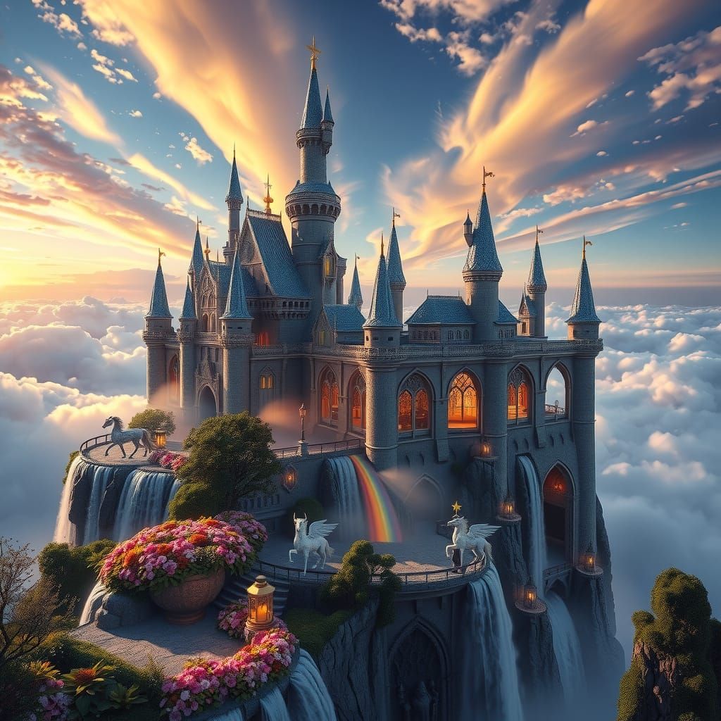 Magical Floating Castle Above Rainbow Waterfalls