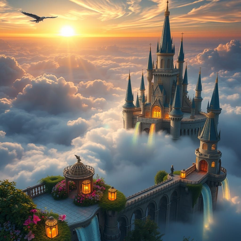Magical Floating Castle with Gemstone Spires and Rainbow Wat...