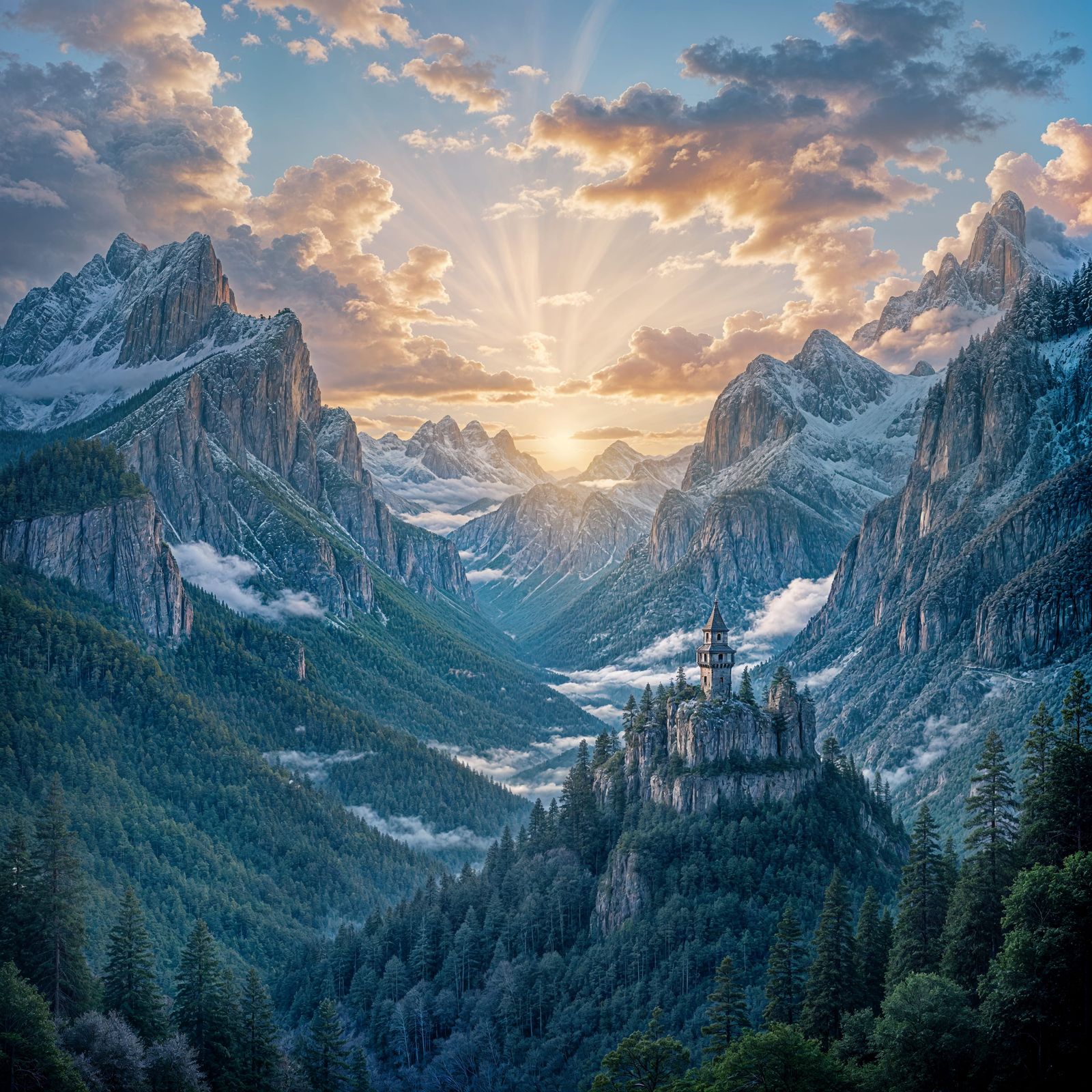 Dreamlike Mountain Valley Sunrise with Ancient Castle