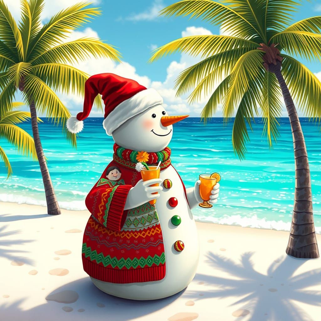 Whimsical Snowman Sips Cocktail on Tropical Beach