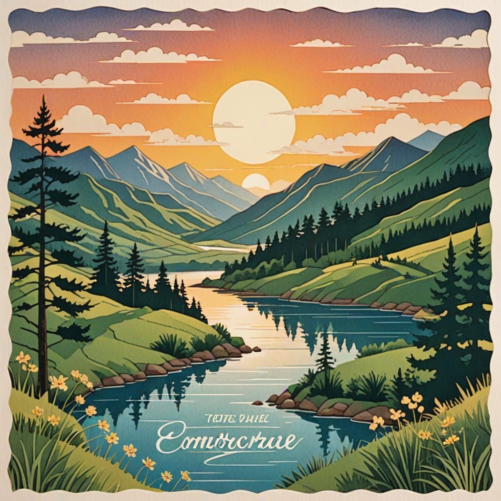 Vintage Postcard Landscape with Paper Cutout Frame