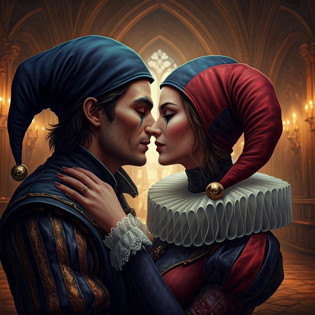 Attractive Jesters Share a Romantic Moment in a Renaissance...