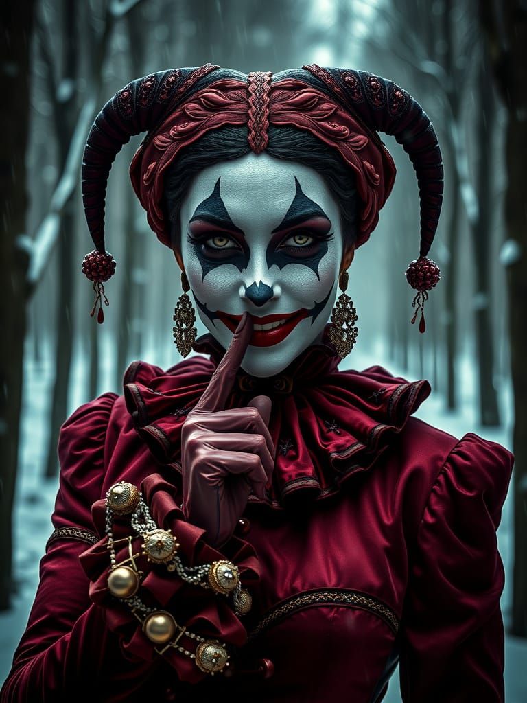 Sinister Harlequin in Victorian Attire, Hyperrealistic Image