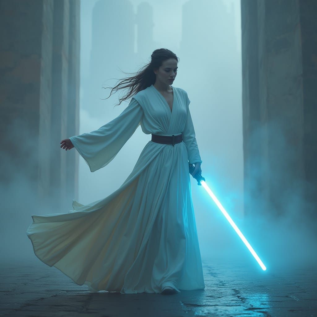 Ethereal Jedi Master Wields Lightsaber Under Coruscant Skies