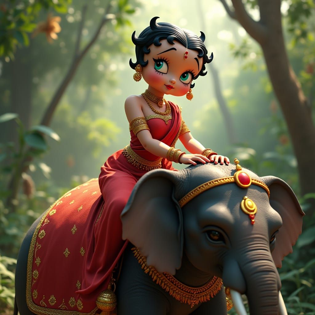 Anime Betty Boop Rides Elephant in Oasis
