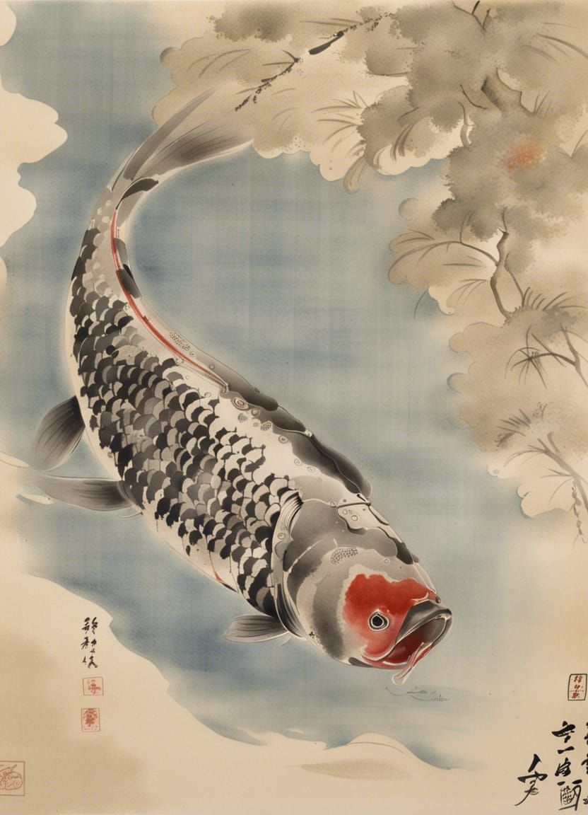 Carp in Lake: Sumie Style Painting