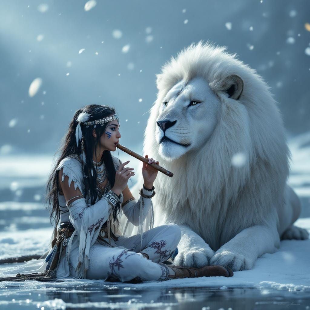 Native American Woman Plays Flute Beside White Lion