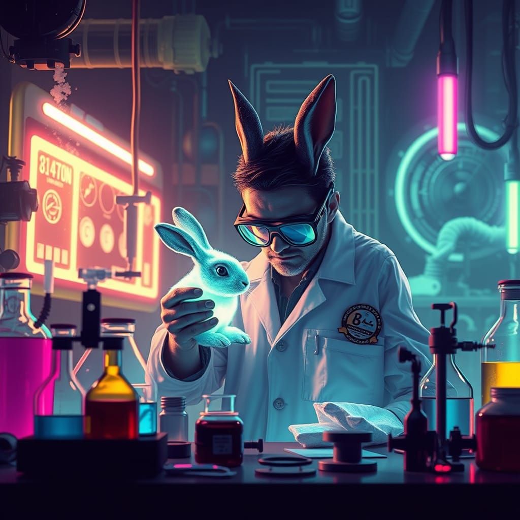 Glowing Rabbit Experiment in Dystopian Lab