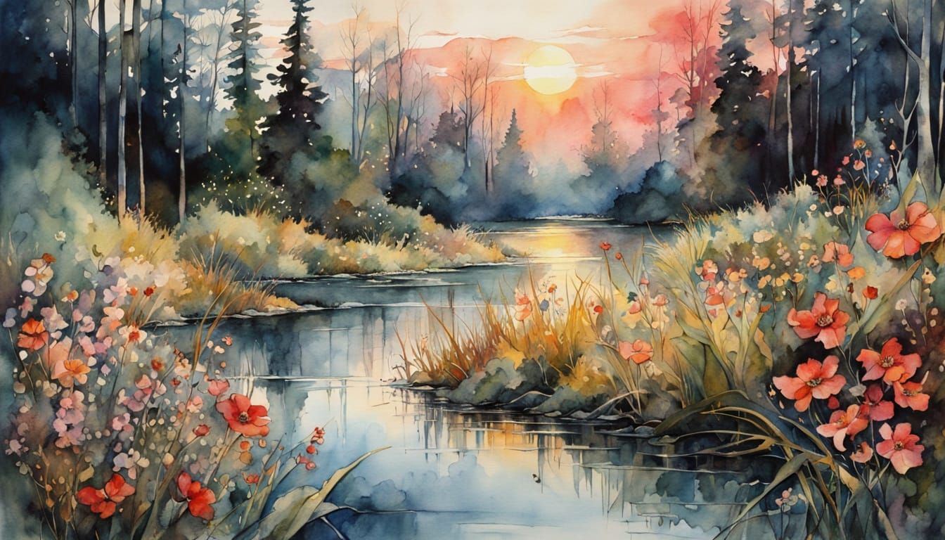 Whimsical Watercolor Landscape During Dark Eclipse