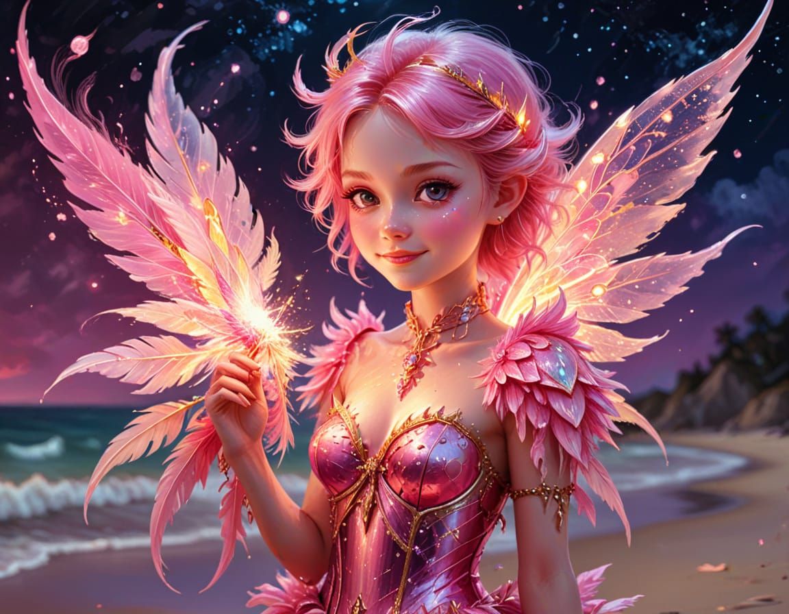 Pink Gothic Fairy on a Beach in Oil Painting Style