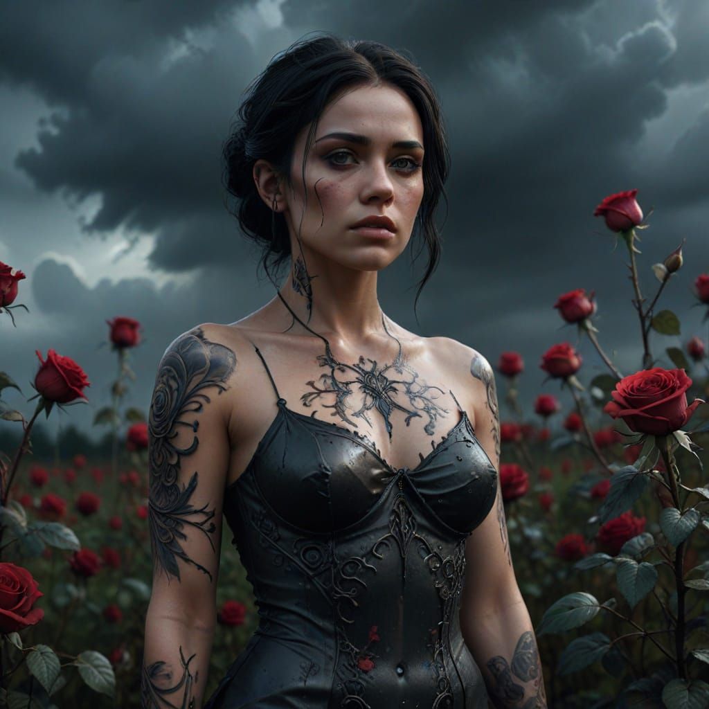 Ethereal Woman with Dark Tattoos in Wilting Rose Field