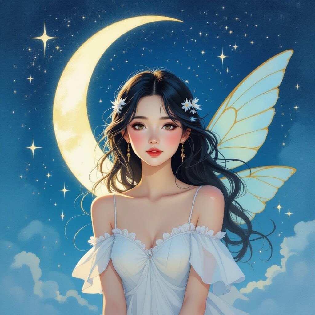 Ethereal Girl with Wings Under Crescent Moon in Watercolor