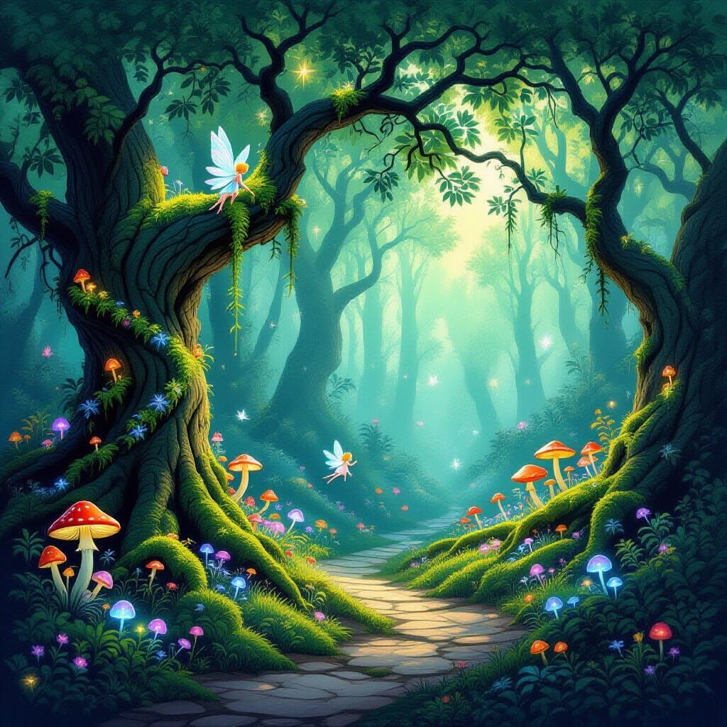 Enchanted Fairytale Forest with Bioluminescent Flora