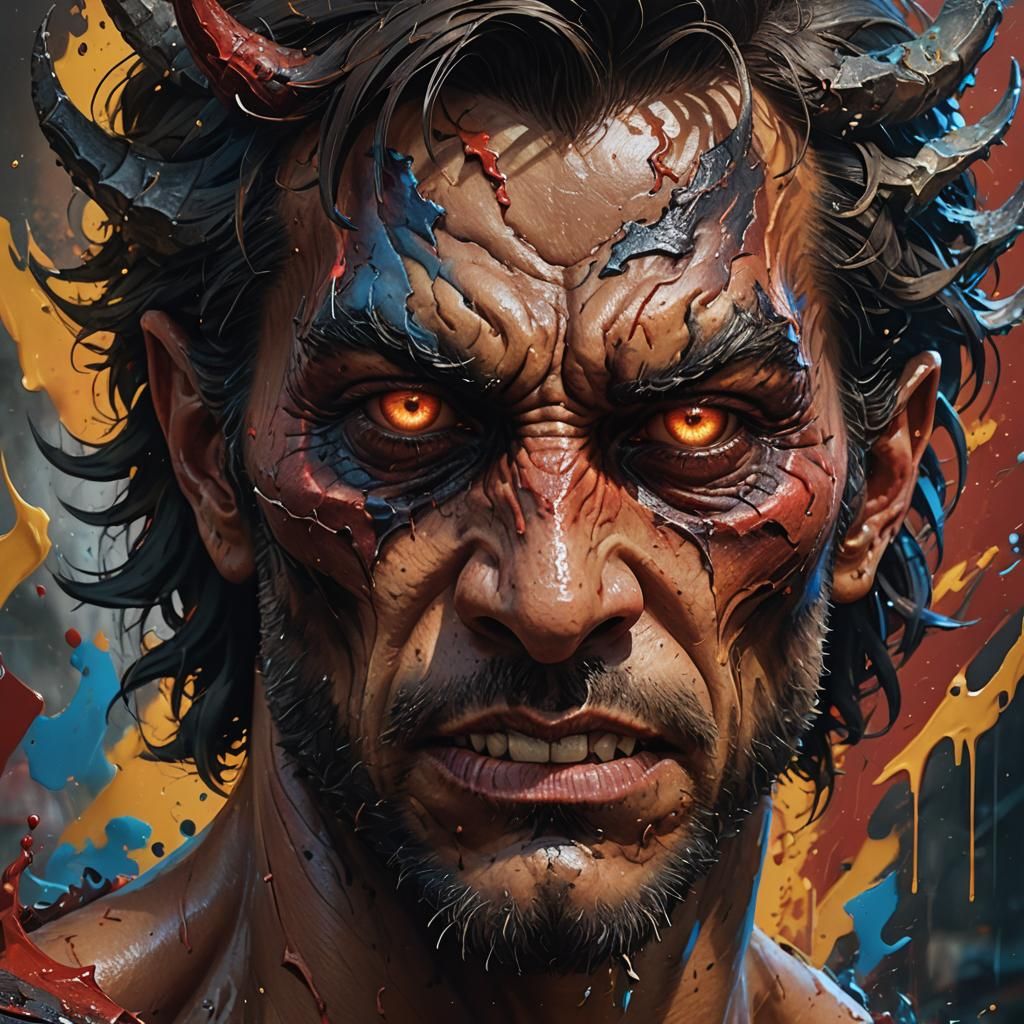 Hyperrealistic Face Divided Between Good and Evil