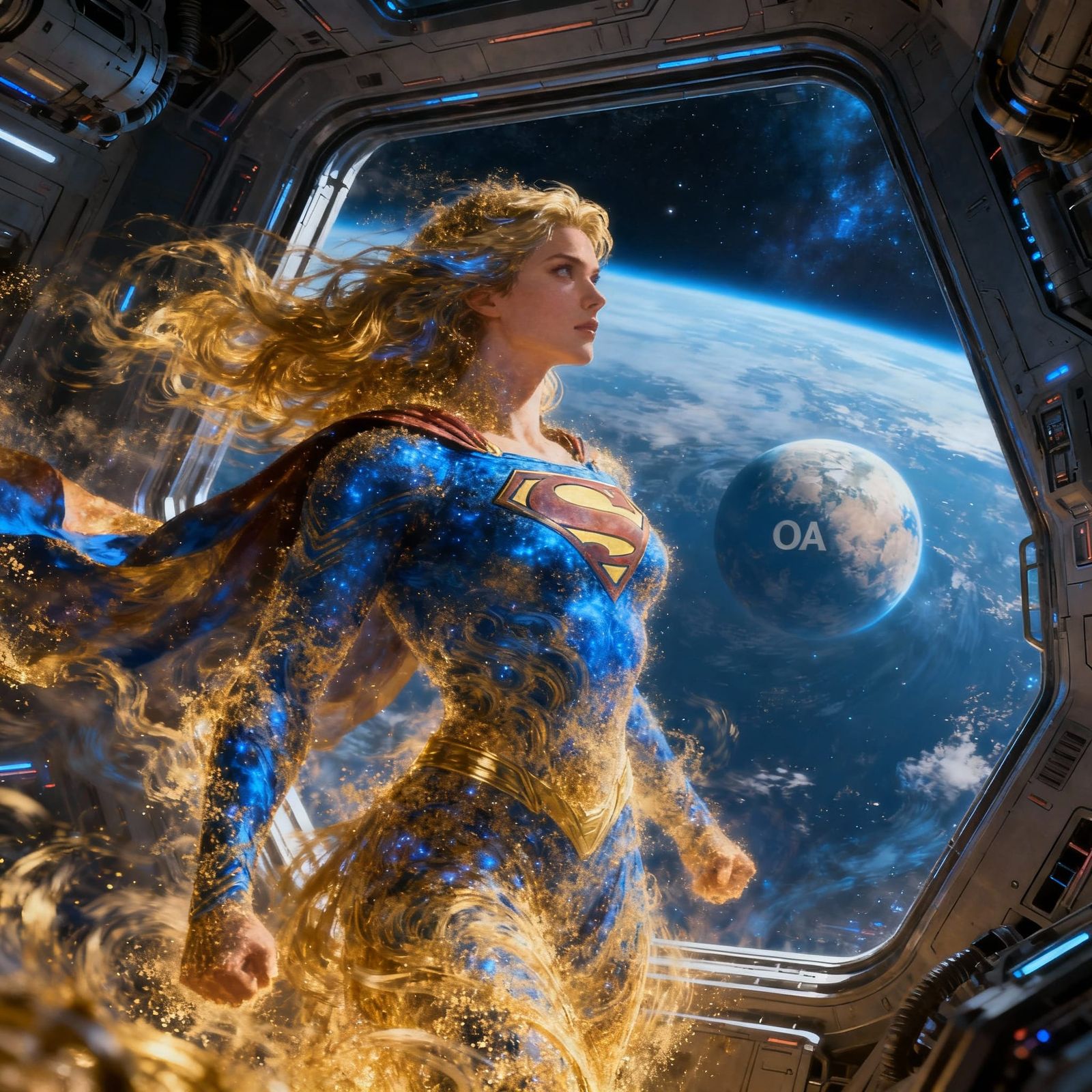 Cosmic Supergirl in Spaceship, Planet OA Visible