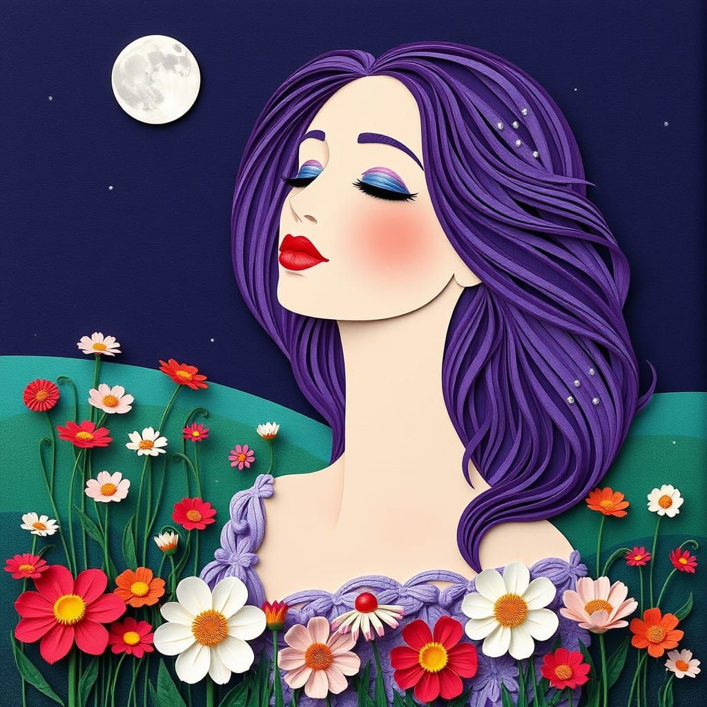 Enchanting Purple Haired Woman in Moonlit Floral Paradise