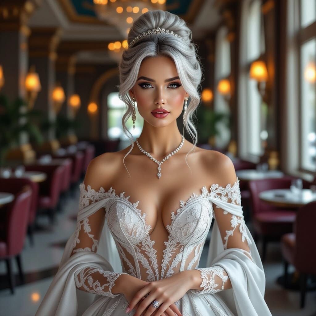 Elegant Woman in Restaurant Lobby, Hyperrealistic Style