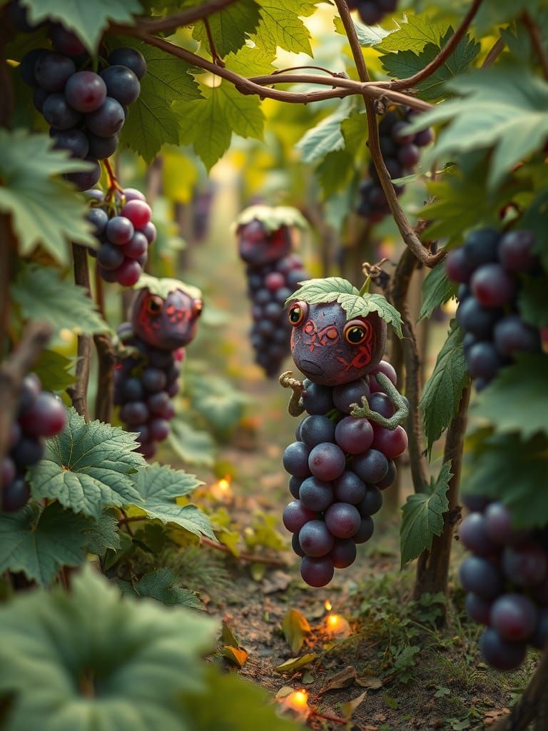 Whimsical Grape Creatures Tend Vines in Lush Vineyard Landsc...