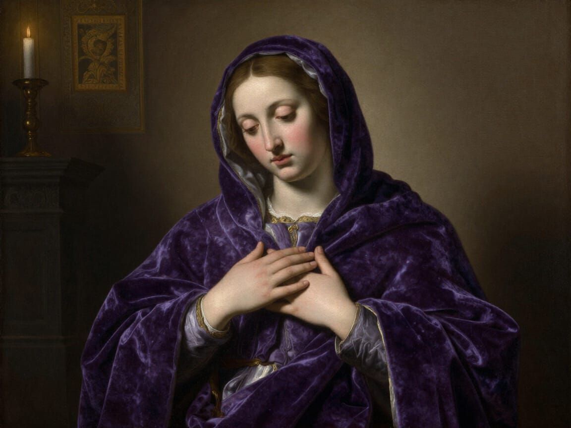 Baroque Madonna in Violet Velvet, Candlelit Interior