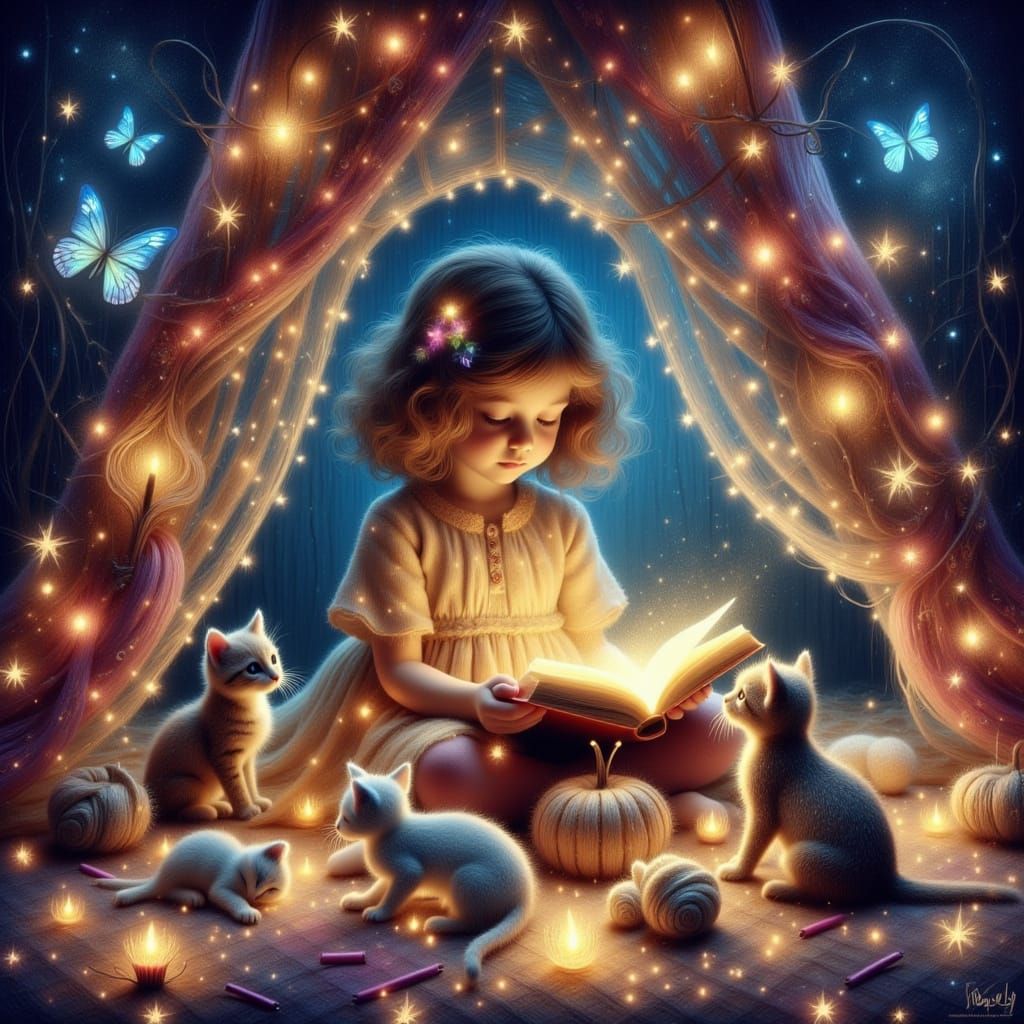 Child Reads to Kittens by Candlelight in Pastel Style