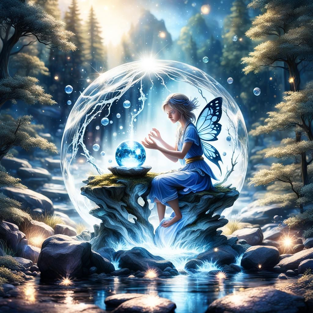 Water Fairy with Orb in Forest Stream