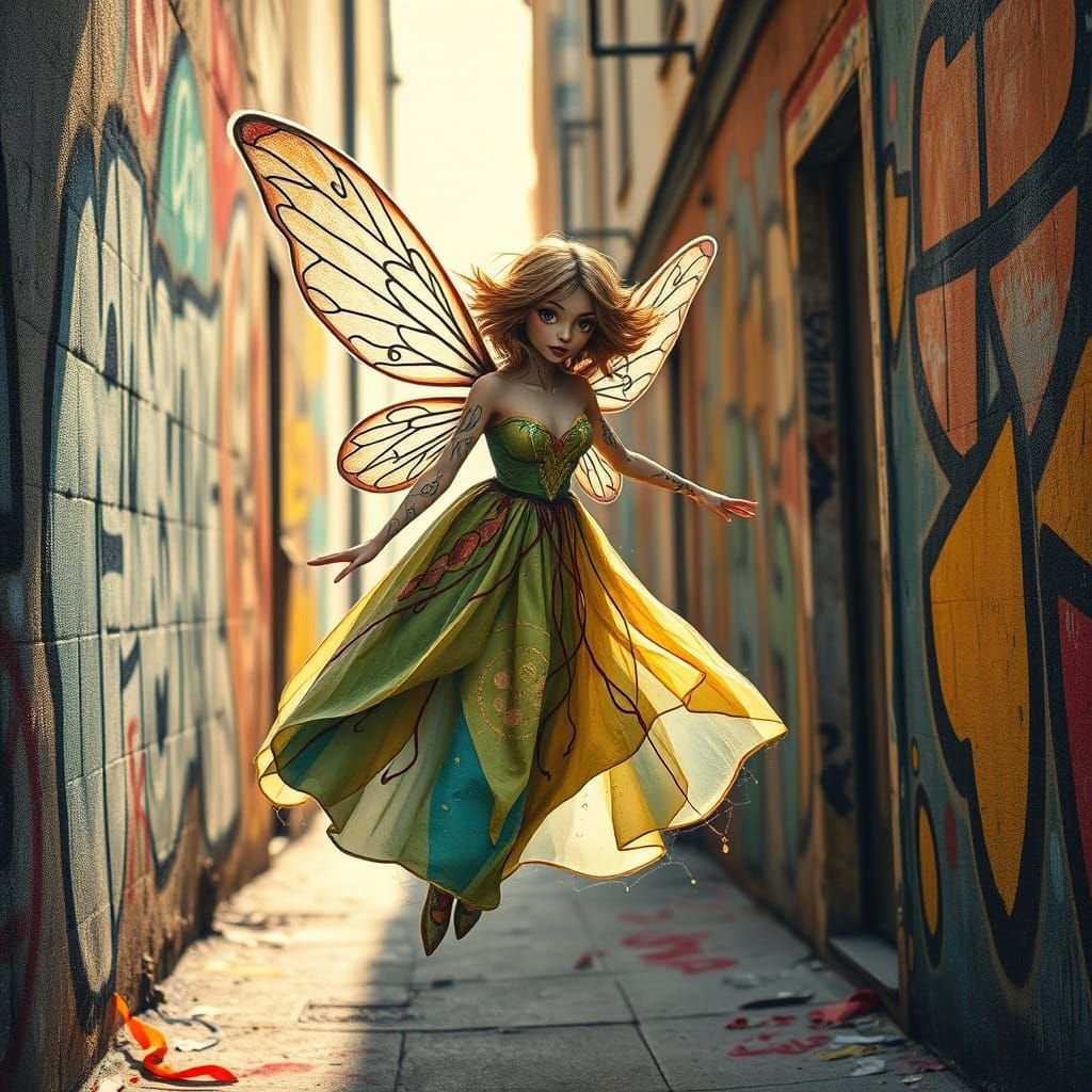 Fairy in Graffiti Dress Flies Through Urban Alleyway