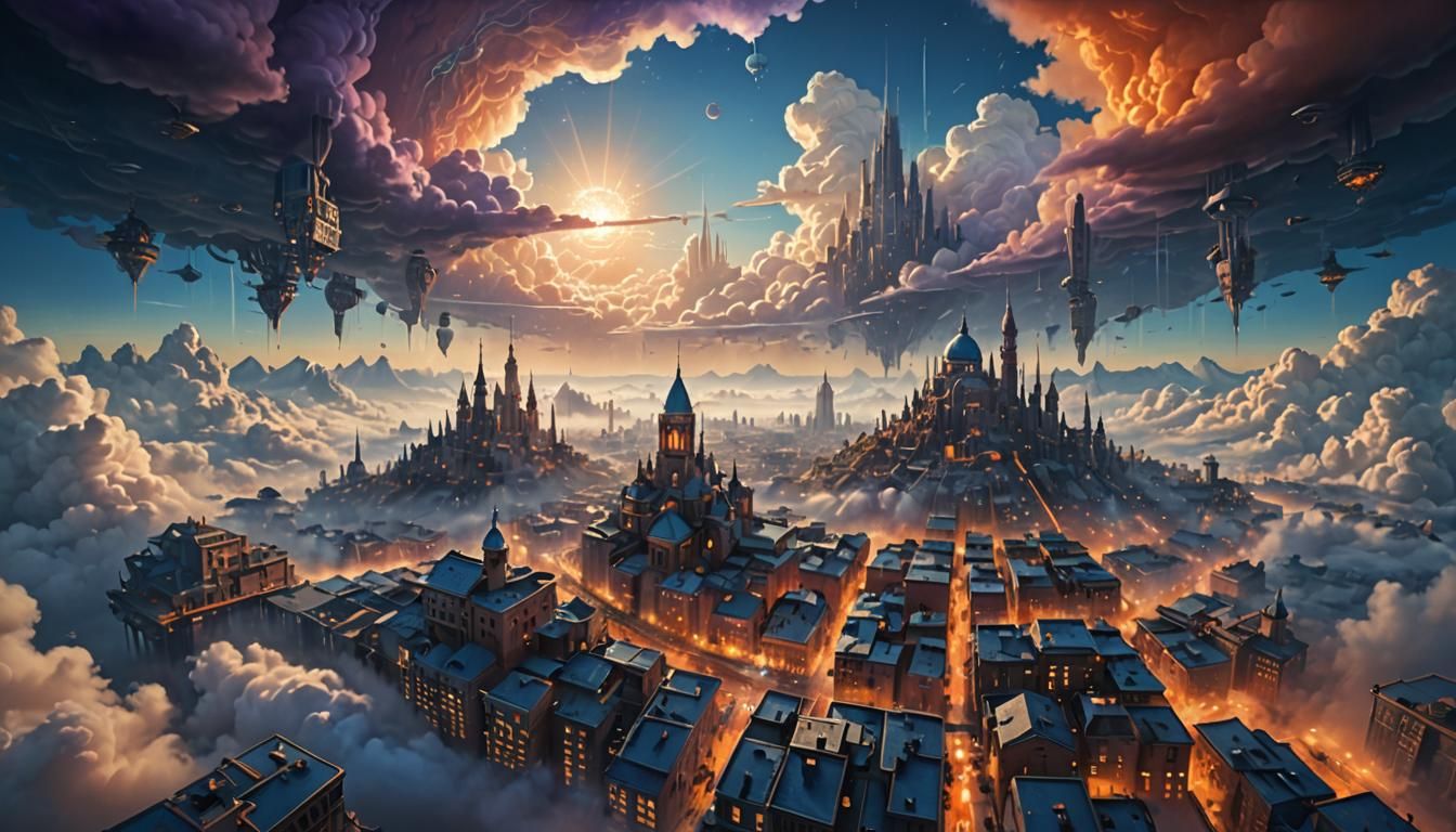 City in the Clouds: Surreal Landscape in Fantasy Art Style
