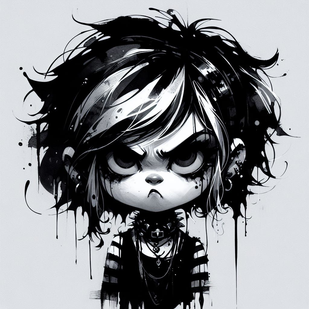 Monochrome Pout: Grungy Punk Girl Illustration