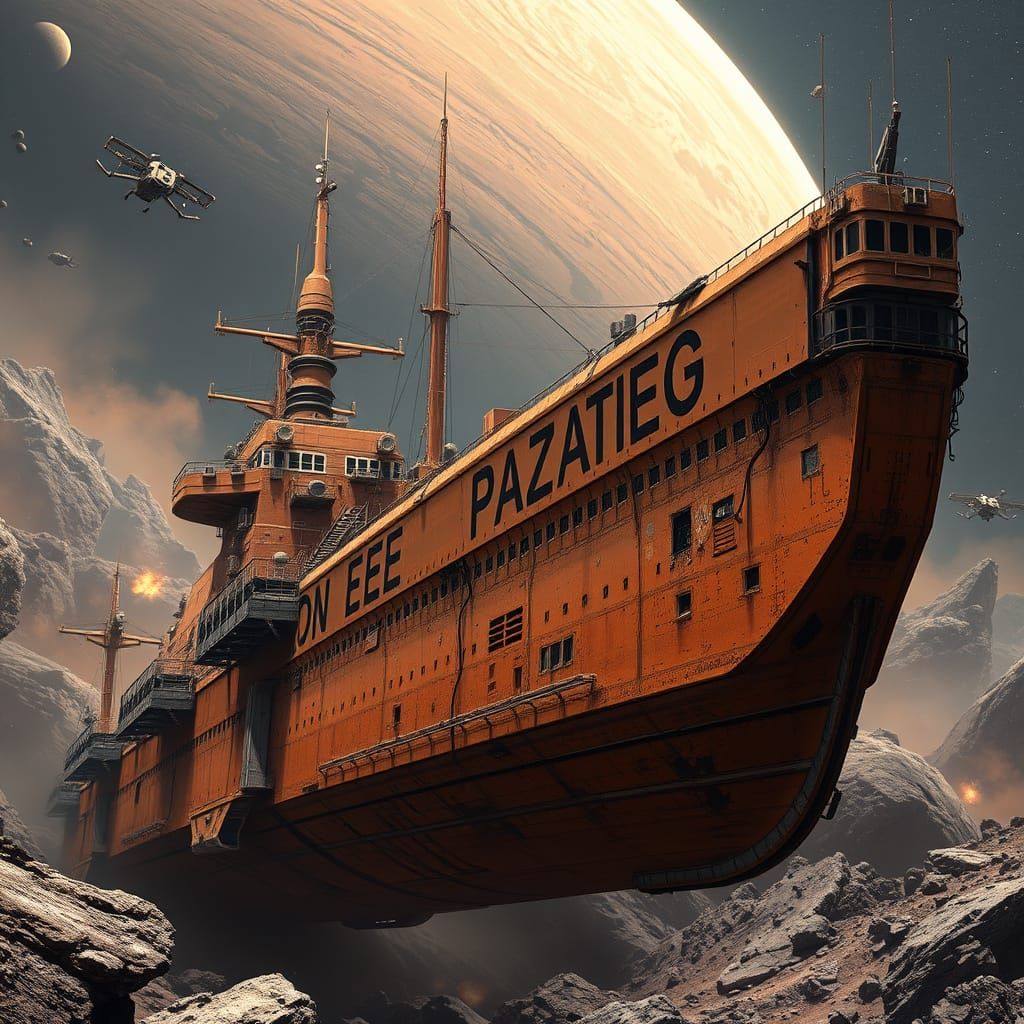 Battle-Damaged Space Freighter in Asteroid Minefield